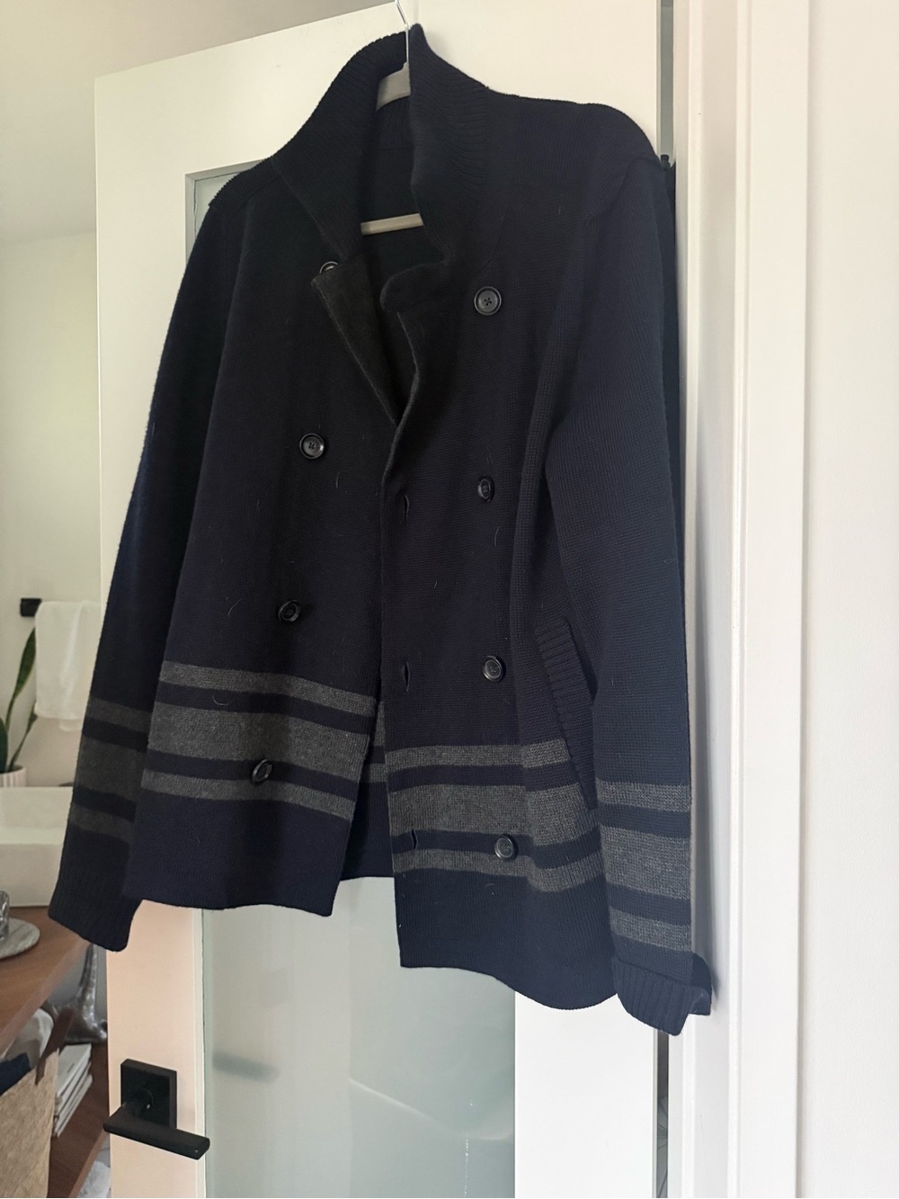 Vince Navy Double-Breasted Cardigan with Gray Stripes